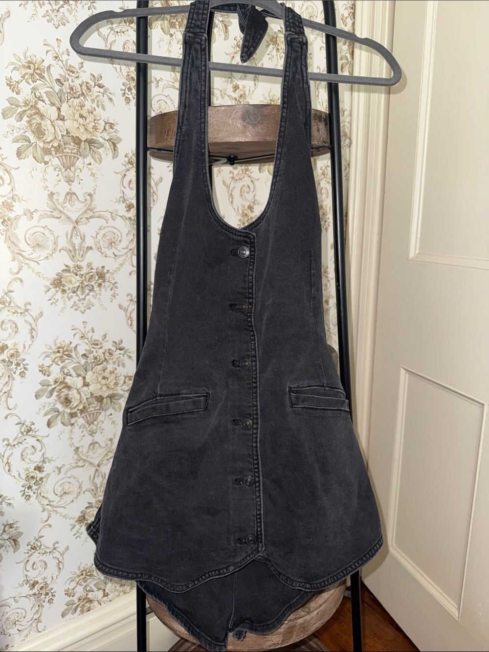 Free People Black Washed Denim Overall Dress NWT